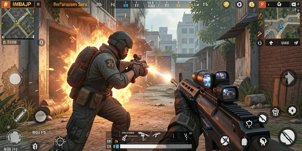 Tangkapan layar IMBAJP menampilkan aksi pertempuran FPS yang intens dan mendebarkan.