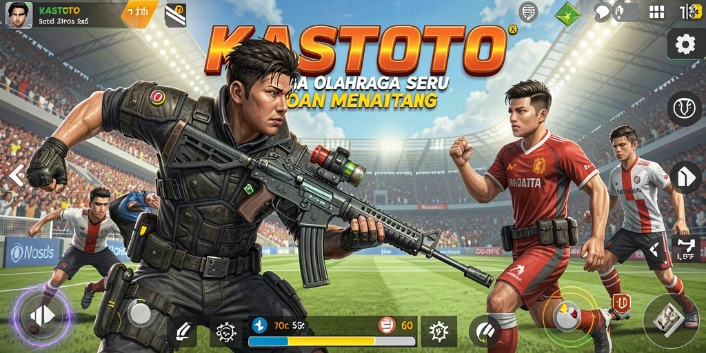Screenshot utama KASTOTO menampilkan aksi seru dalam permainan olahraga.