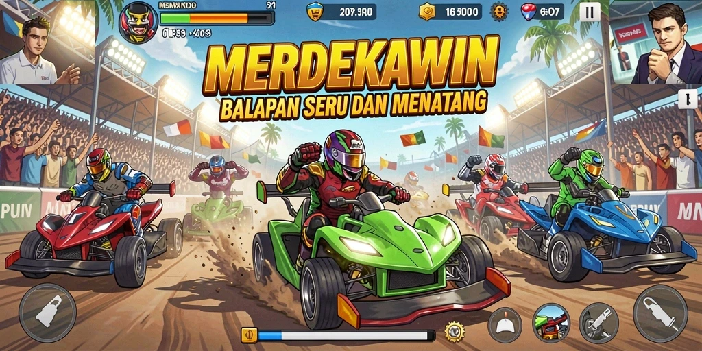 Screenshot gameplay MERDEKAWIN menampilkan balapan yang penuh aksi dan kecepatan.