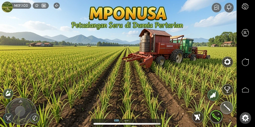 Tampilan gameplay MPONUSA dengan ladang yang subur dan hewan ternak.