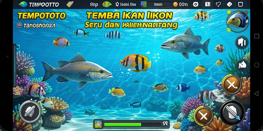 Tampilan gameplay seru TEMPOTOTO dengan aksi menembak ikan.