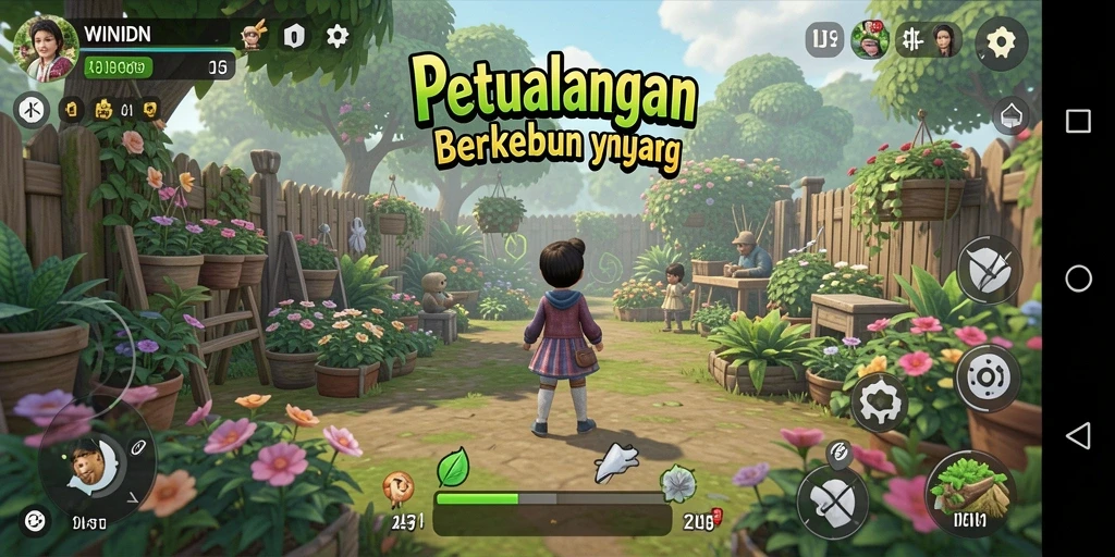Tampilan gameplay <strong>WINIDN</strong> yang menggambarkan aktivitas berkebun yang seru.